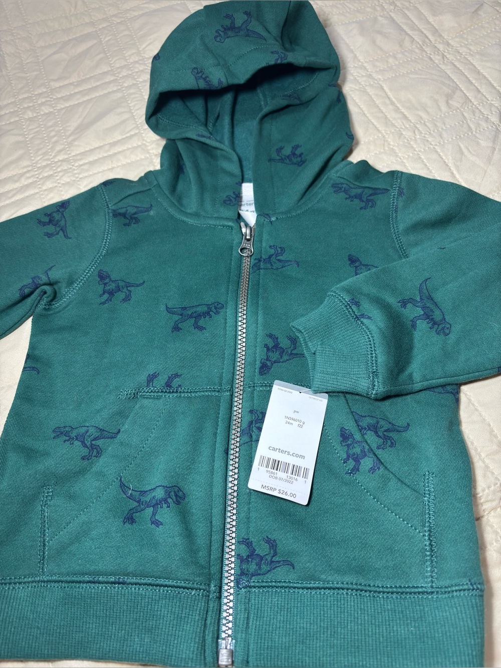 Carter's 24M Teal Zip-Up Hoodie with Navy Dinosaur Prints